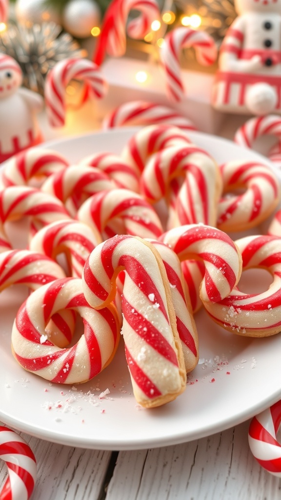 A festive plate of candy cane cookies with red and white stripes, garnished with crushed candy canes.